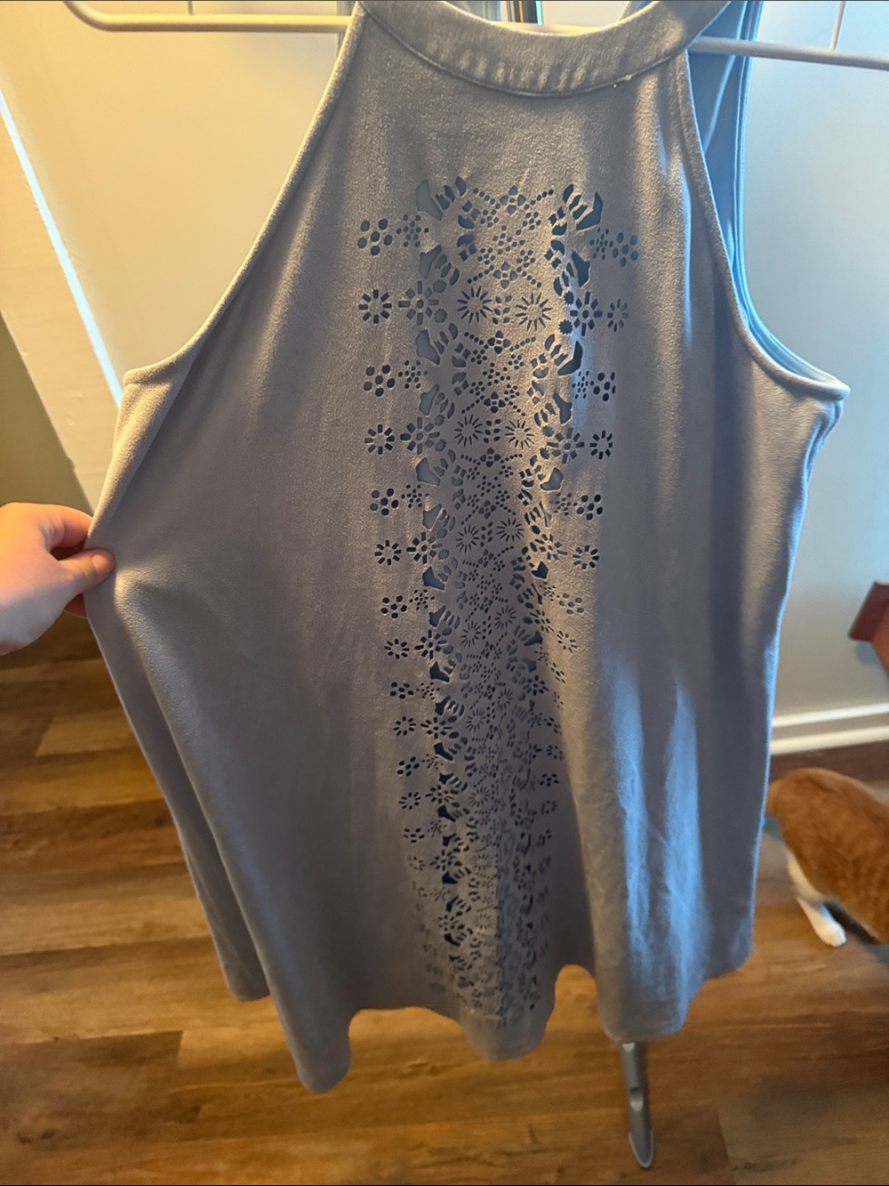 Sleeveless Laser-Cut High-Neck dress in Dusty Blue